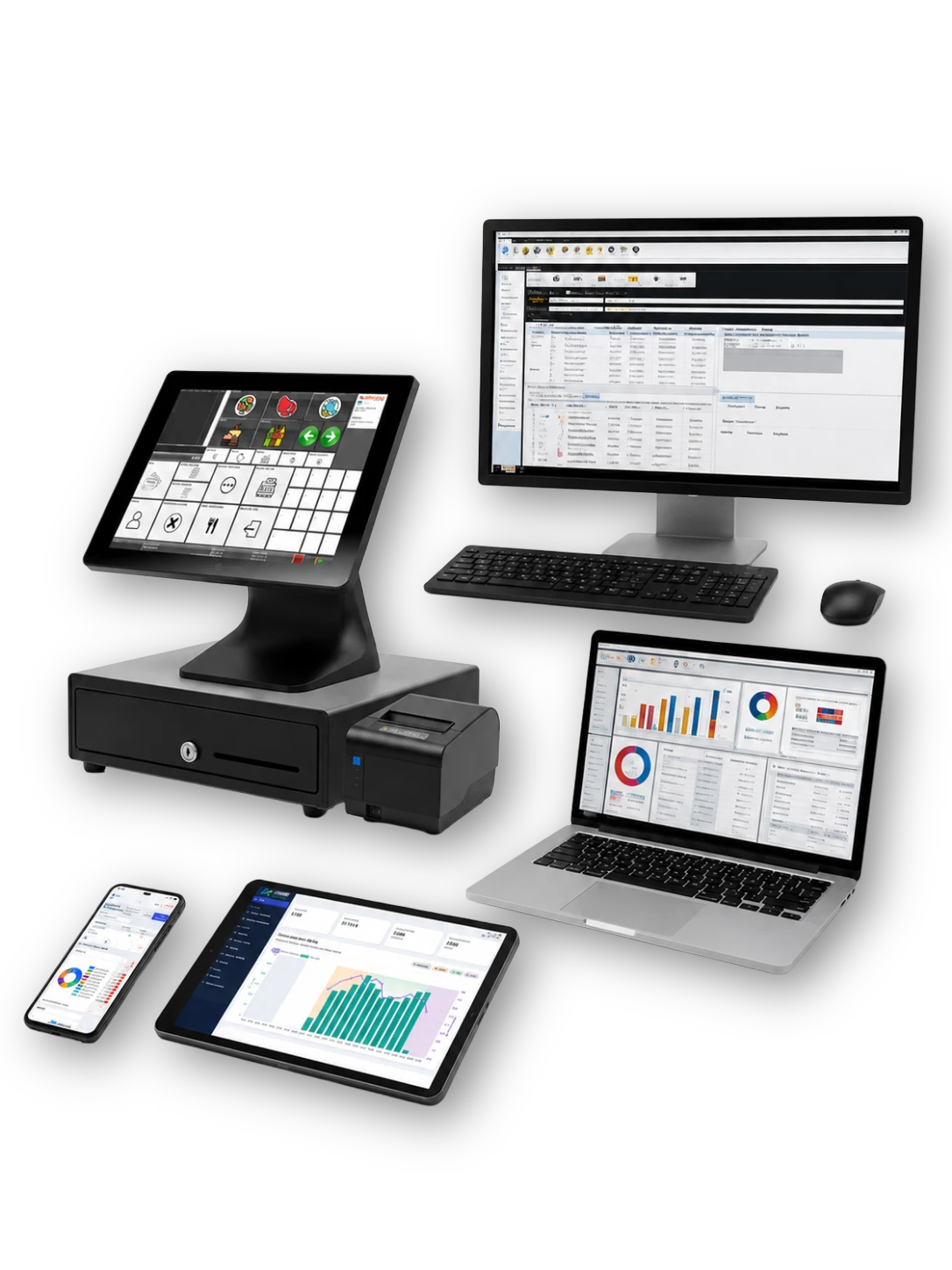 Ategest funcionando en TPV táctil, monitor de gestión, portátil, tablet y móvil